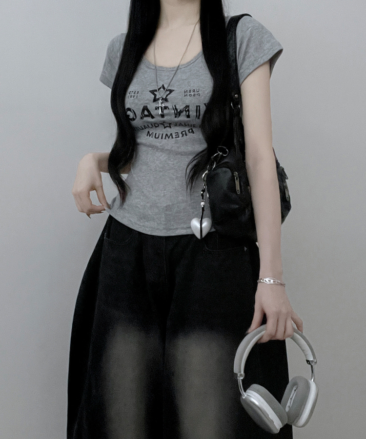 レタリングプリントUネックスリム半袖Tシャツ(5color) GREY