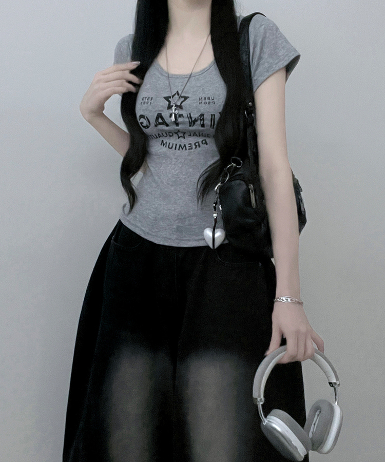 レタリングプリントUネックスリム半袖Tシャツ(5color) GREY