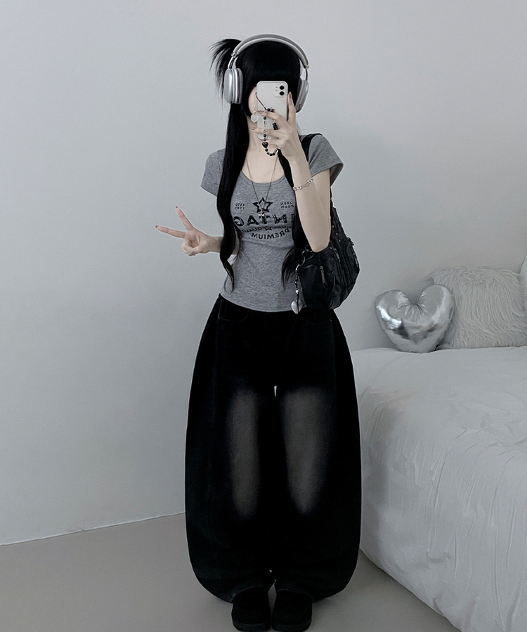 レタリングプリントUネックスリム半袖Tシャツ(5color) GREY