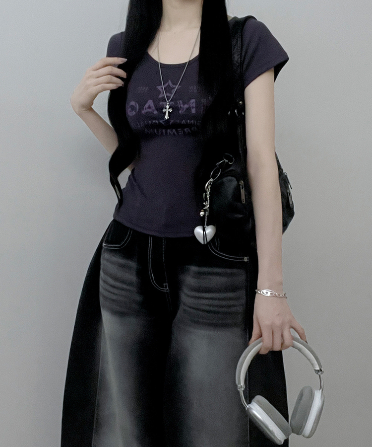 レタリングプリントUネックスリム半袖Tシャツ(5color) PURPLE
