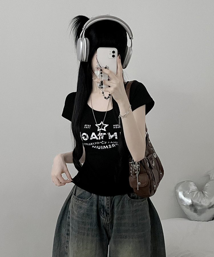 レタリングプリントUネックスリム半袖Tシャツ(5color) BLACK