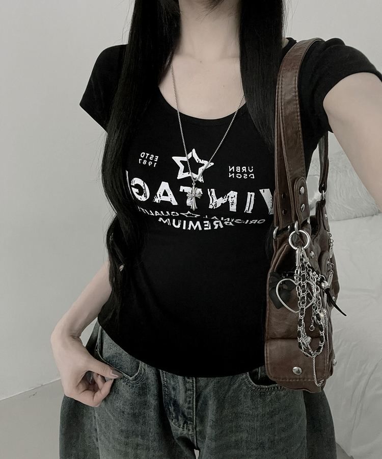 レタリングプリントUネックスリム半袖Tシャツ(5color) BLACK