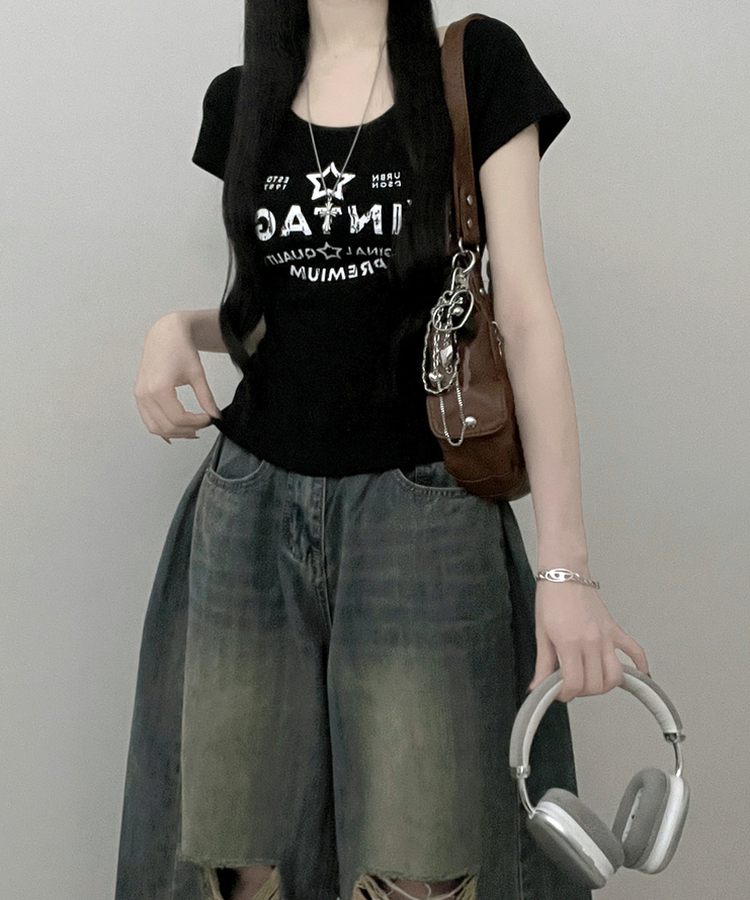 レタリングプリントUネックスリム半袖Tシャツ(5color) BLACK