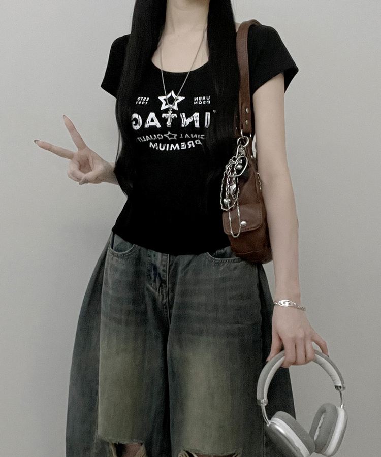 レタリングプリントUネックスリム半袖Tシャツ(5color) BLACK