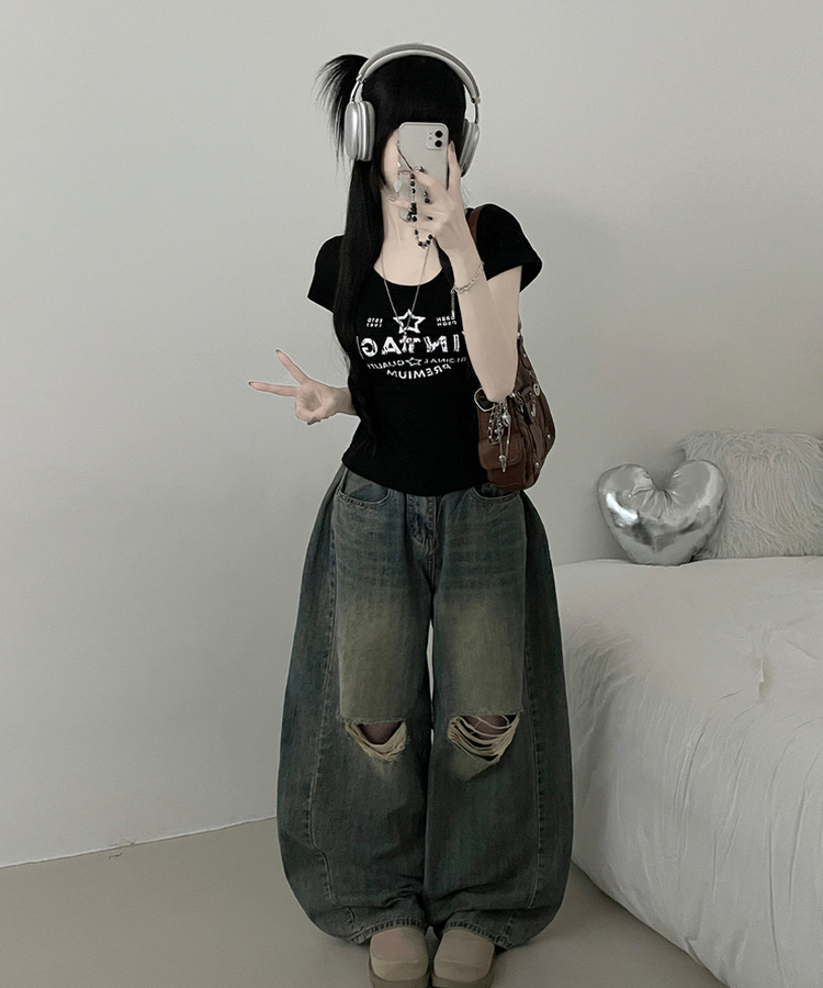 レタリングプリントUネックスリム半袖Tシャツ(5color) BLACK