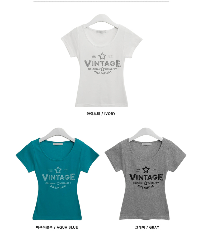 レタリングプリントUネックスリム半袖Tシャツ(5color)