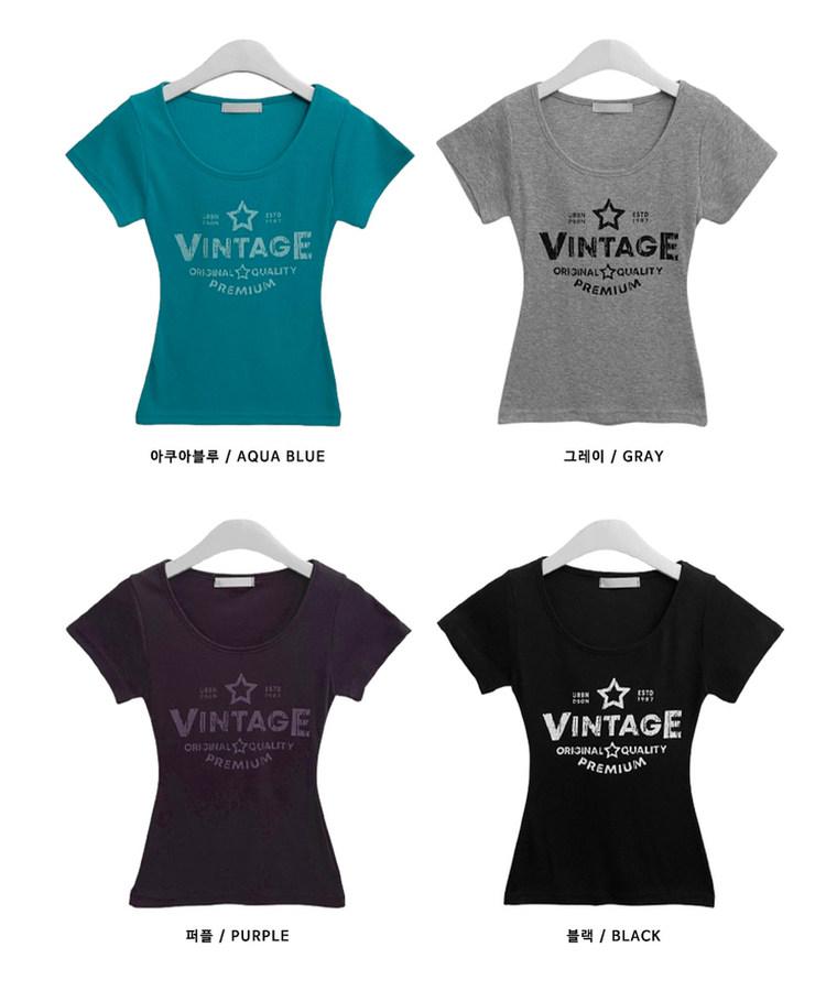 レタリングプリントUネックスリム半袖Tシャツ(5color)
