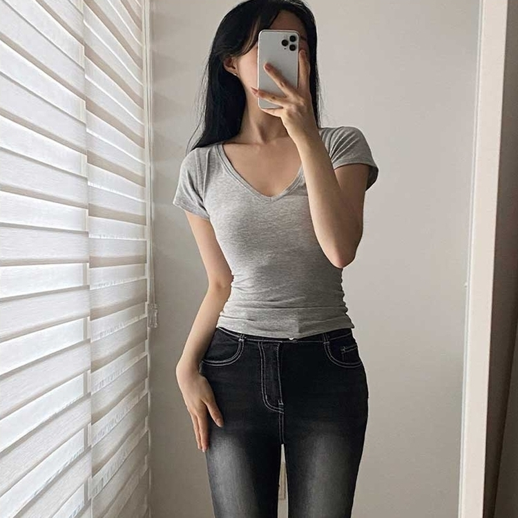 スリムVネックキャップスリーブ半袖Tシャツ LIGHT GRAY