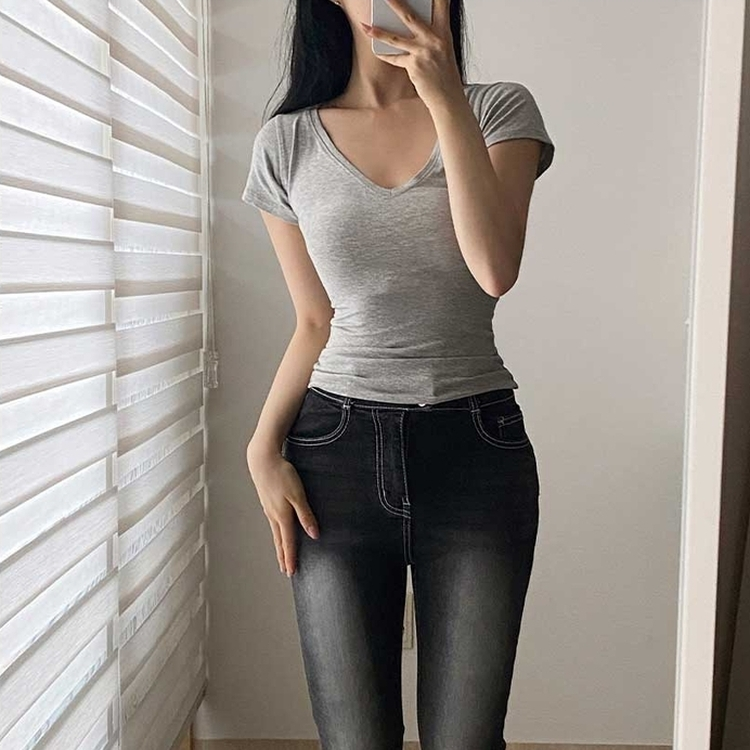 スリムVネックキャップスリーブ半袖Tシャツ LIGHT GRAY