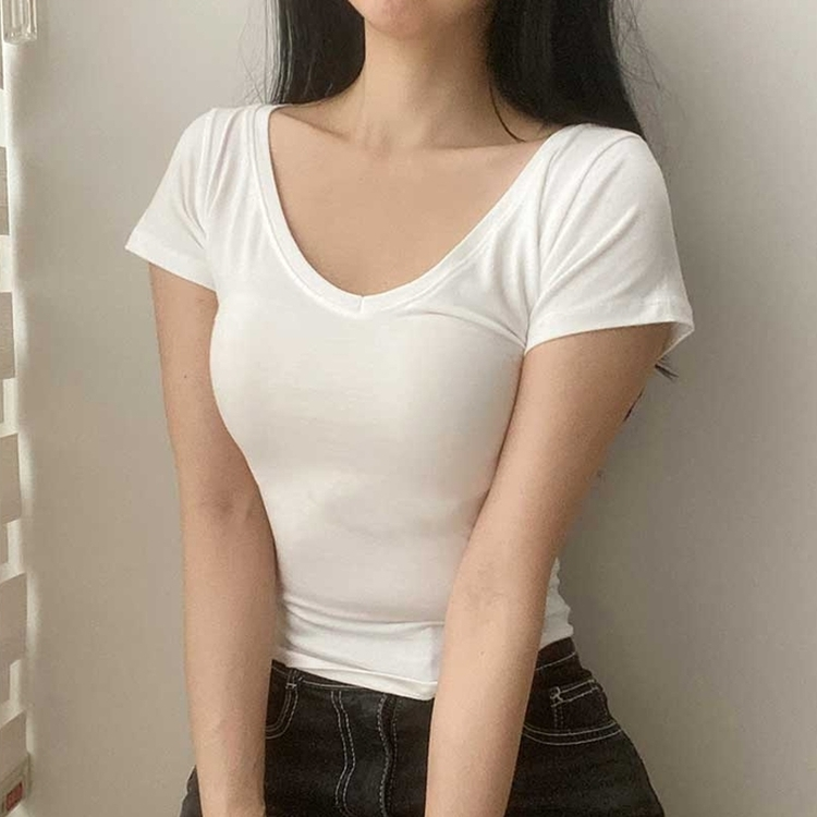 スリムVネックキャップスリーブ半袖Tシャツ IVORY