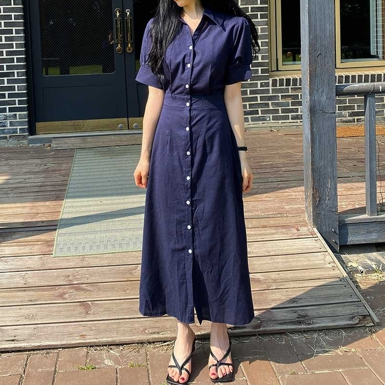 ウエストシャーリングカラーロング半袖ワンピース NAVY