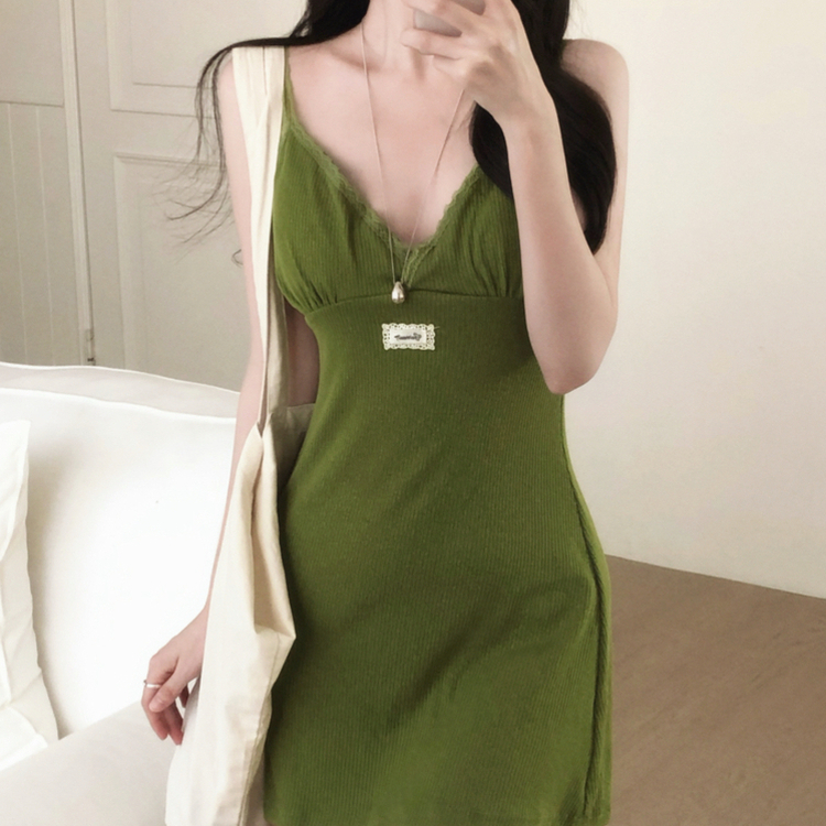 【カップ付き】レースリブキャミソールミニワンピース GREEN