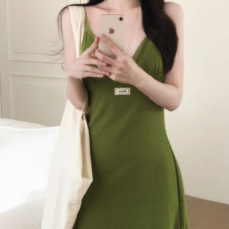 【カップ付き】レースリブキャミソールミニワンピース GREEN