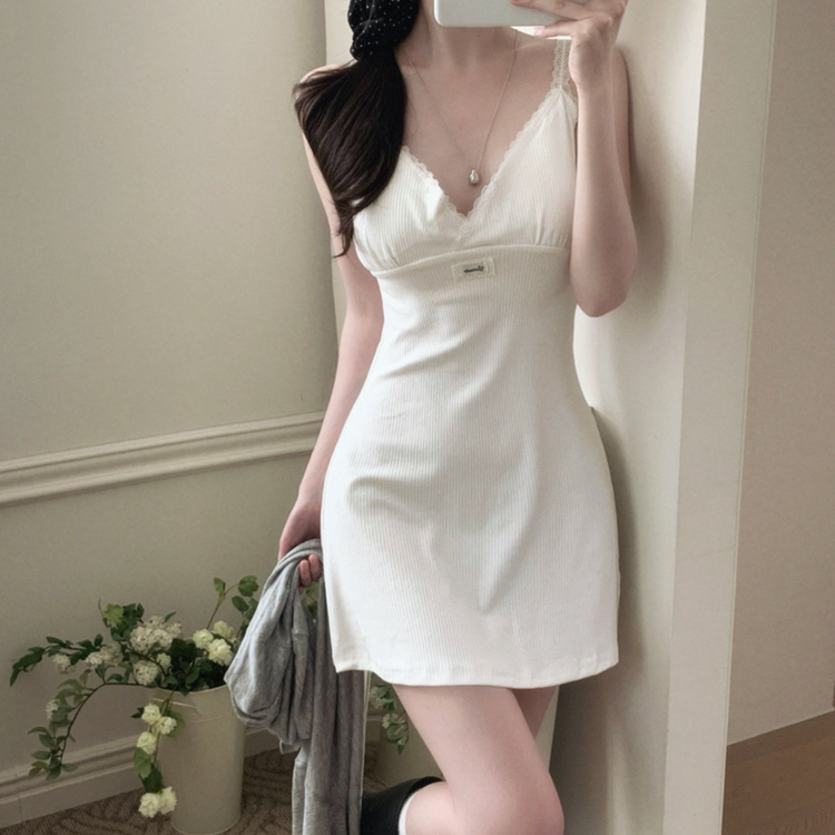 【カップ付き】レースリブキャミソールミニワンピース WHITE