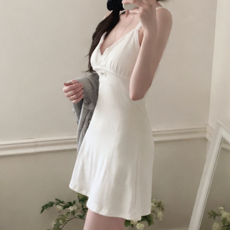 【カップ付き】レースリブキャミソールミニワンピース WHITE