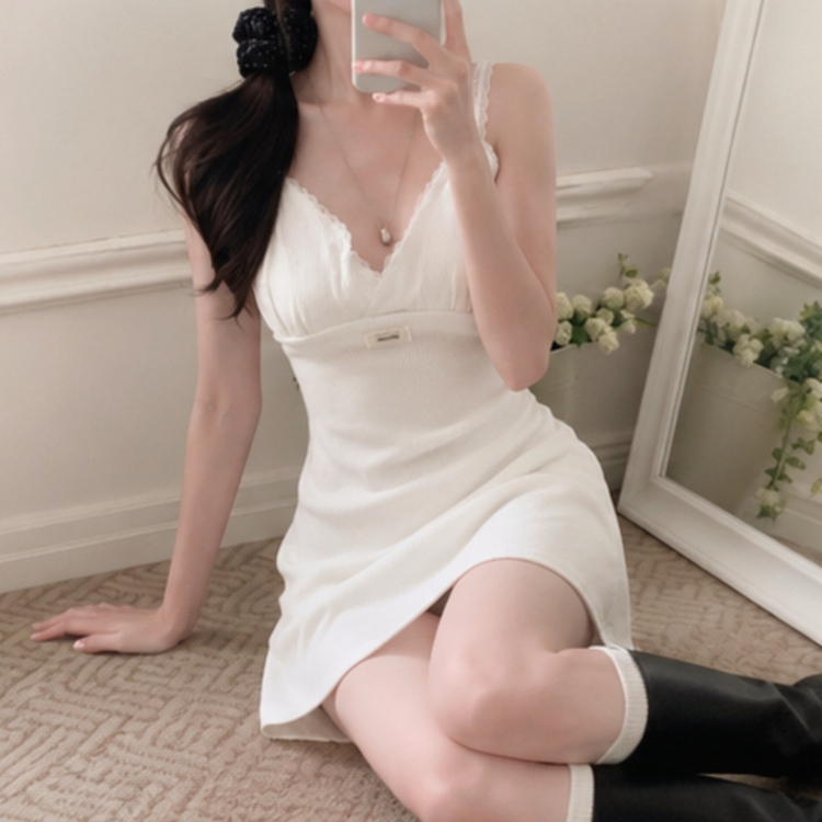 【カップ付き】レースリブキャミソールミニワンピース WHITE