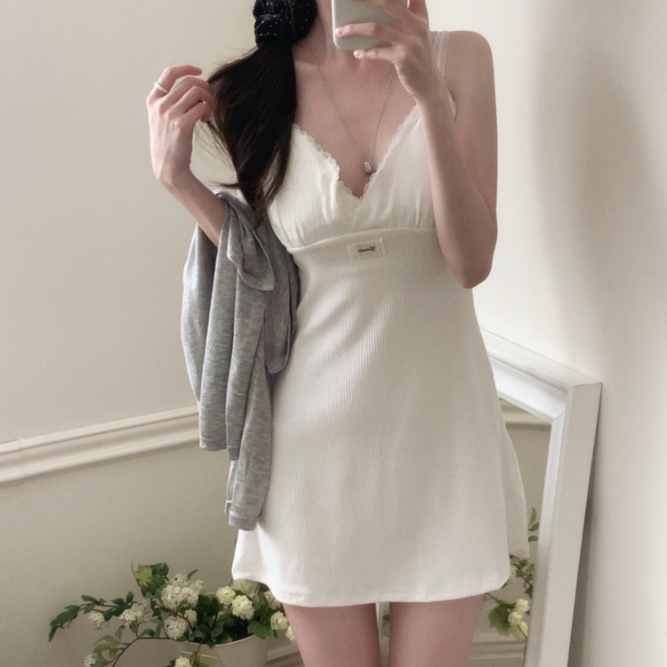 【カップ付き】レースリブキャミソールミニワンピース WHITE