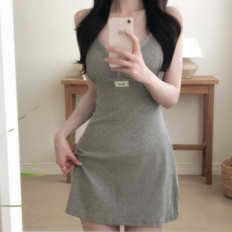【カップ付き】レースリブキャミソールミニワンピース GREY