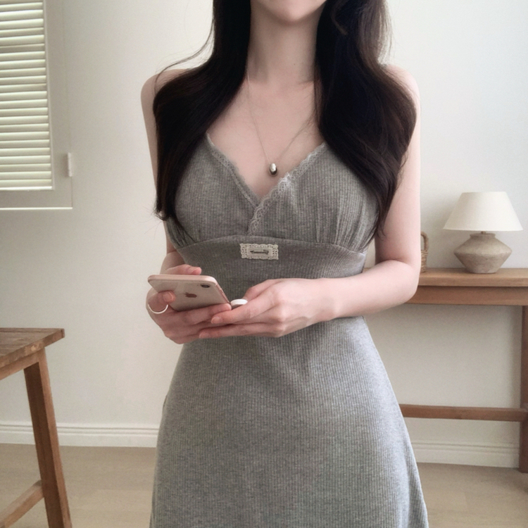 【カップ付き】レースリブキャミソールミニワンピース GREY