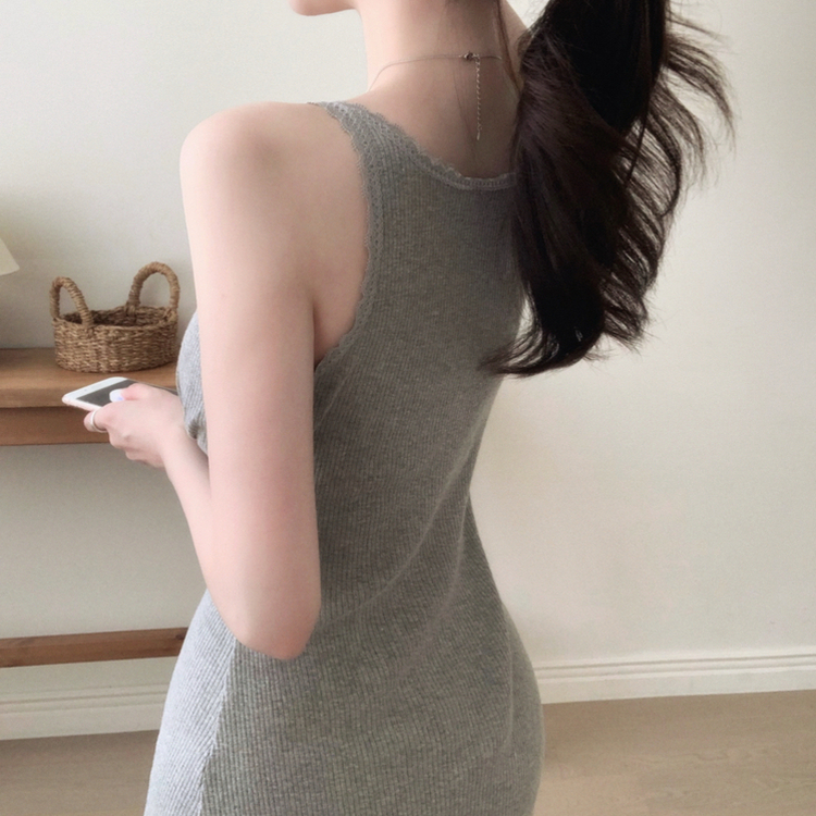 【カップ付き】レースリブキャミソールミニワンピース GREY