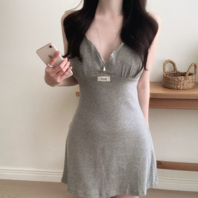 【カップ付き】レースリブキャミソールミニワンピース GREY