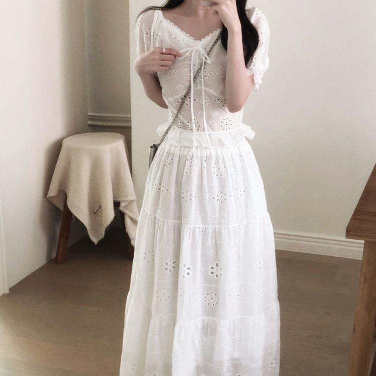 【SET】レースパンチングブラウス＋ロングスカート WHITE