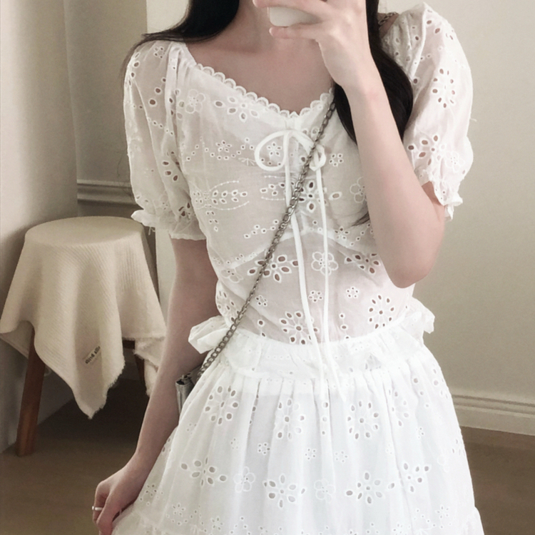 【SET】レースパンチングブラウス＋ロングスカート WHITE