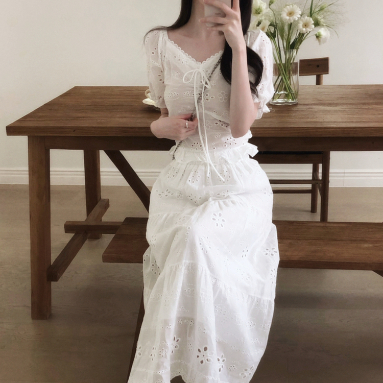 【SET】レースパンチングブラウス＋ロングスカート WHITE