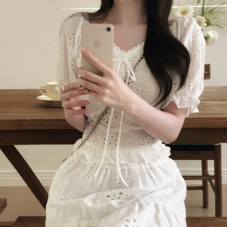 【SET】レースパンチングブラウス＋ロングスカート WHITE