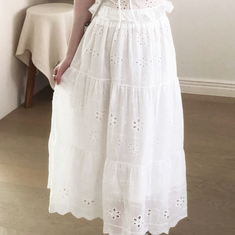 【SET】レースパンチングブラウス＋ロングスカート WHITE