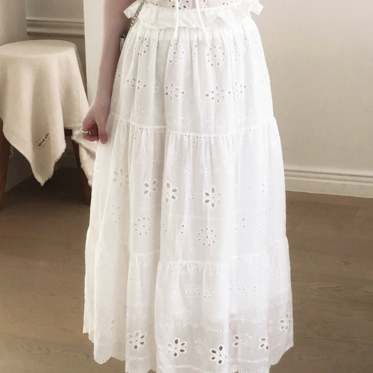 【SET】レースパンチングブラウス＋ロングスカート WHITE