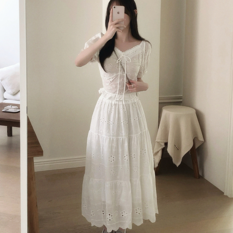 【SET】レースパンチングブラウス＋ロングスカート WHITE