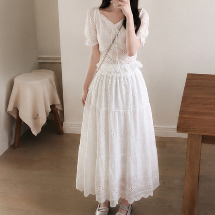 【SET】レースパンチングブラウス＋ロングスカート WHITE