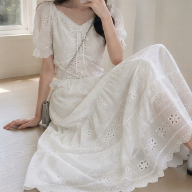 【SET】レースパンチングブラウス＋ロングスカート WHITE