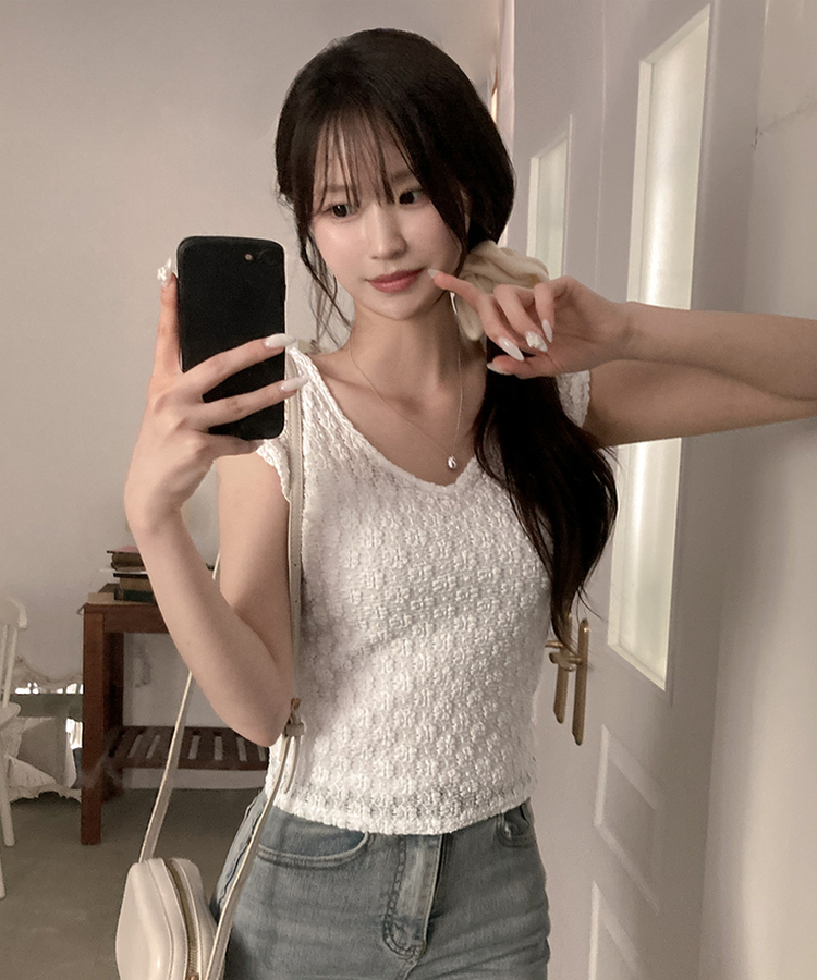 フラワーレースVネックTシャツ WHITE