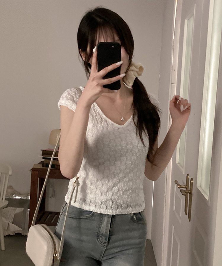 フラワーレースVネックTシャツ WHITE