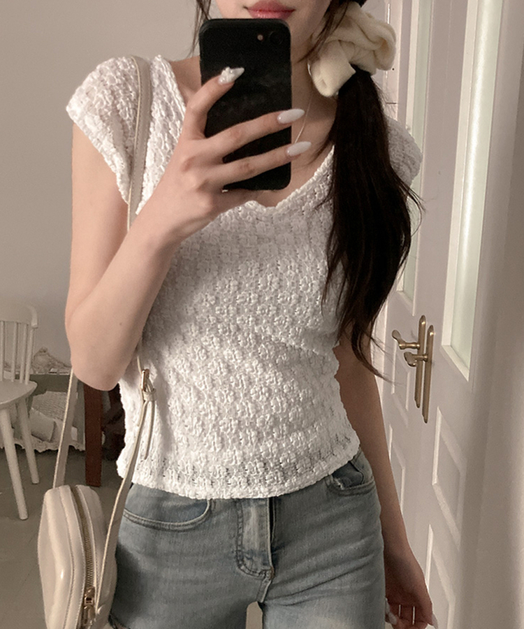 フラワーレースVネックTシャツ WHITE