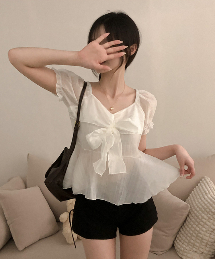 リボンシアー半袖ブラウス IVORY