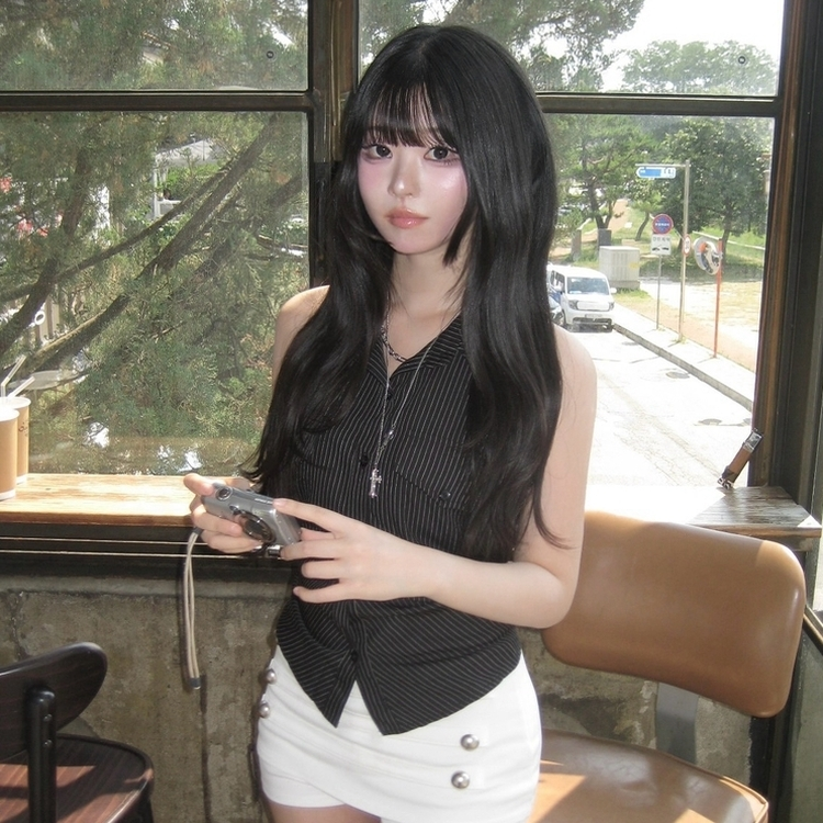 バックリボンストライプノースリーブブラウス BLACK