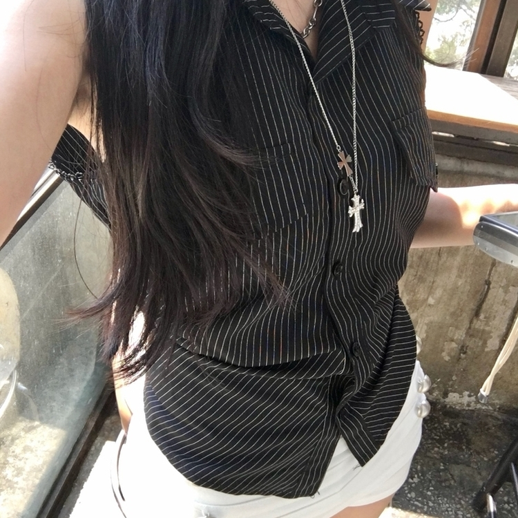バックリボンストライプノースリーブブラウス BLACK