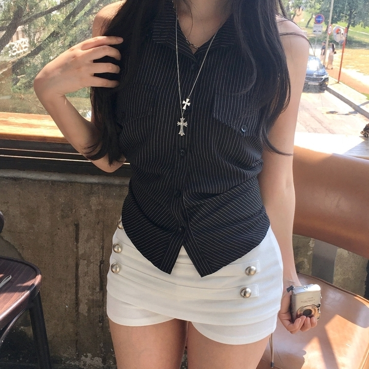 バックリボンストライプノースリーブブラウス BLACK