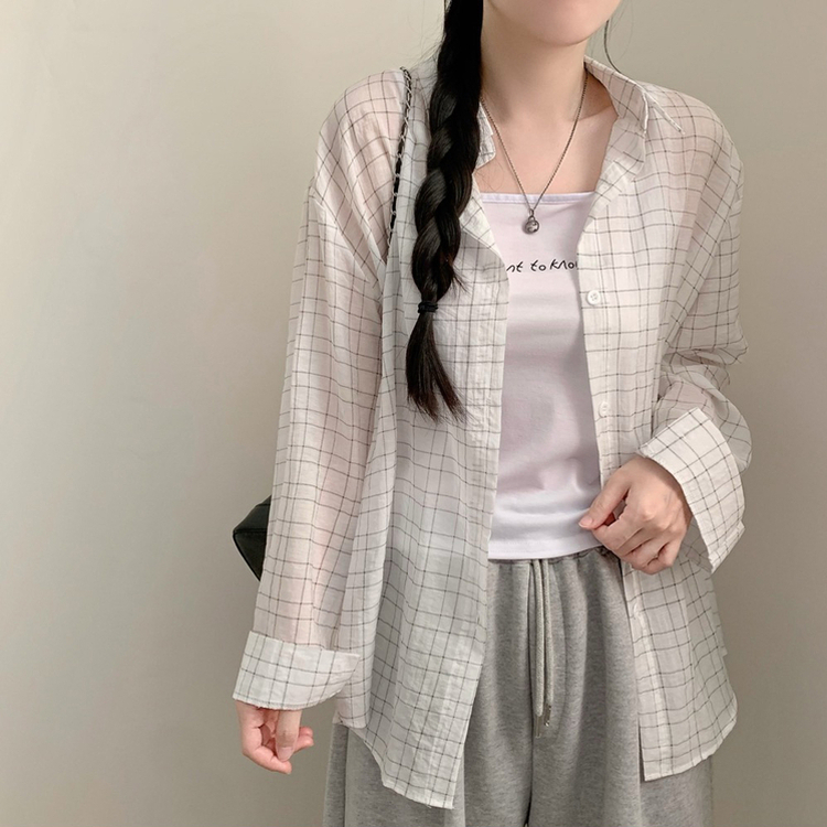 【SET】レタリングキャミソール＋チェック長袖シャツ WHITE