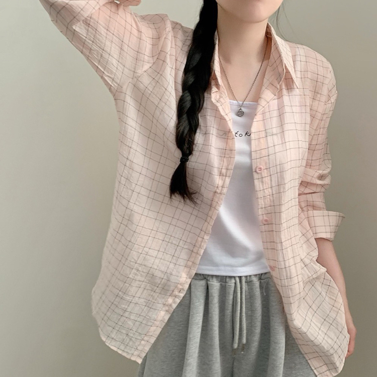 【SET】レタリングキャミソール＋チェック長袖シャツ PINK