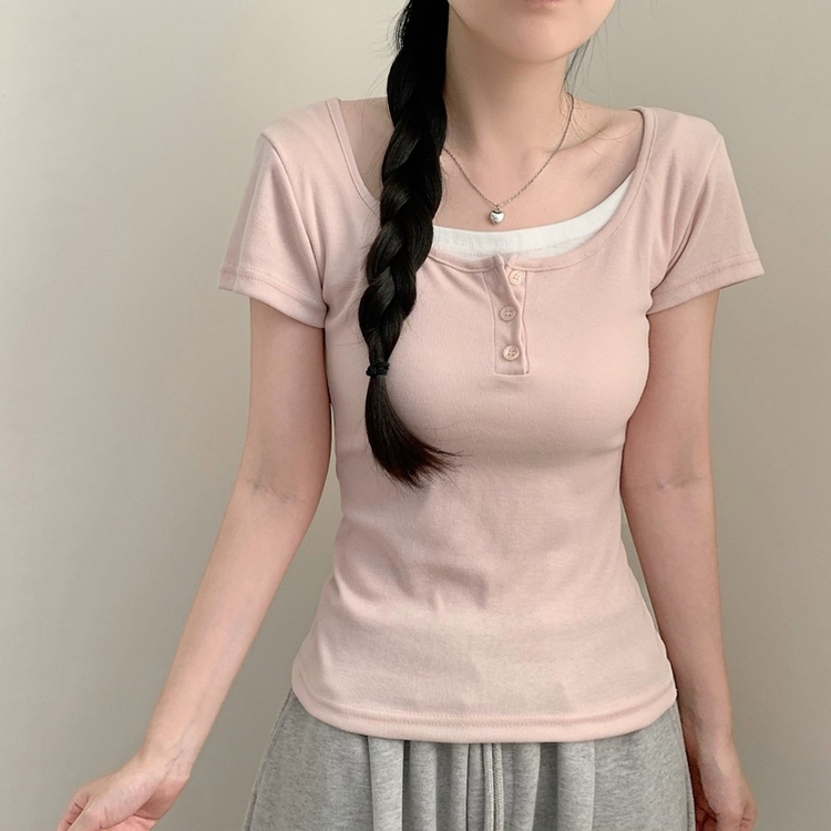 ボタン半袖Tシャツ(7color) PINK