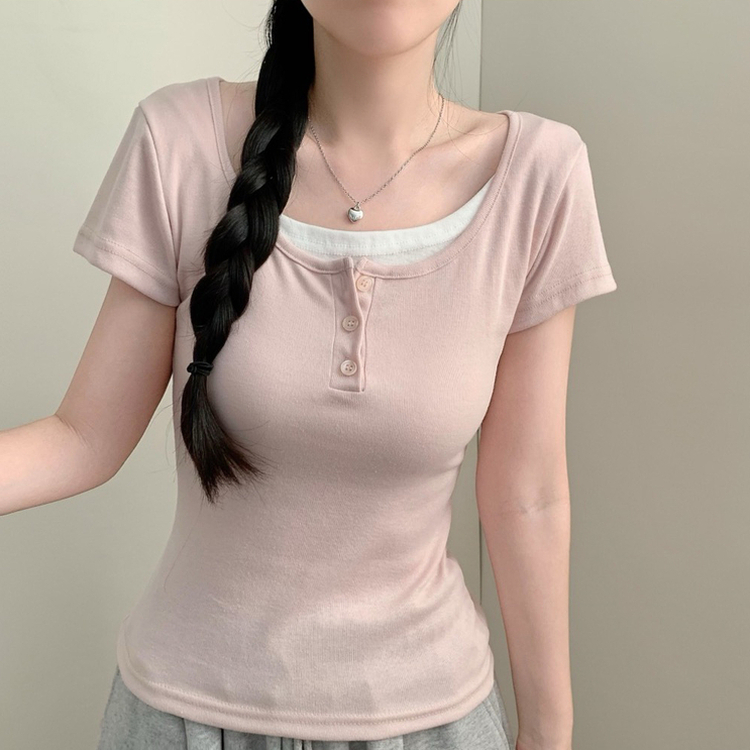 ボタン半袖Tシャツ(7color) PINK