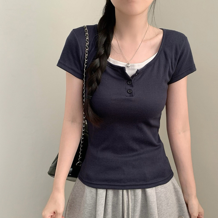 ボタン半袖Tシャツ(7color) NAVY