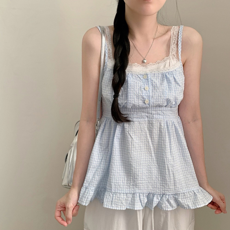 レースキャミソールチェックフリルブラウス SKY BLUE