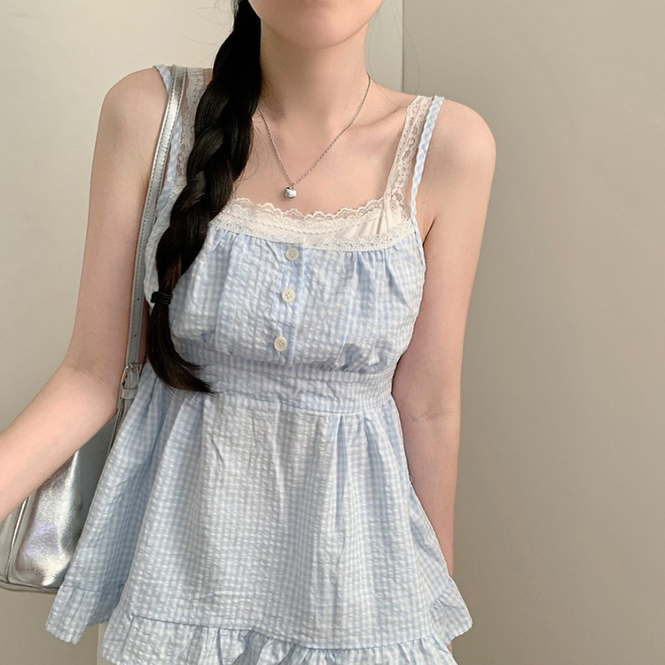 レースキャミソールチェックフリルブラウス SKY BLUE