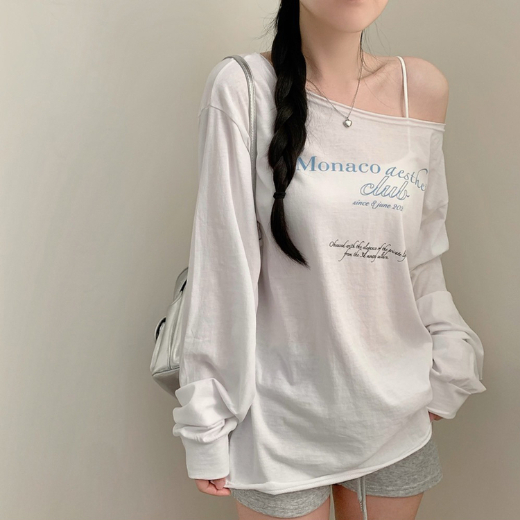レタリングオフショルダーワンショルダー長袖Tシャツ IVORY