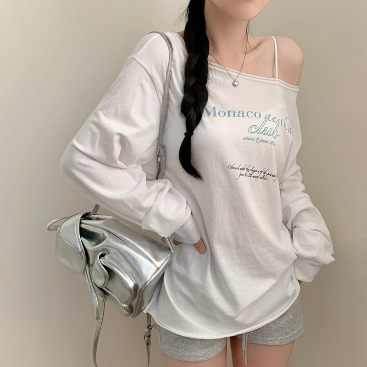 レタリングオフショルダーワンショルダー長袖Tシャツ IVORY